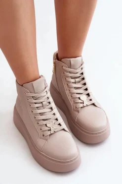 Wysokie Skórzane Sneakersy Damskie Na Platformie Vinceza 66707 Beżowe