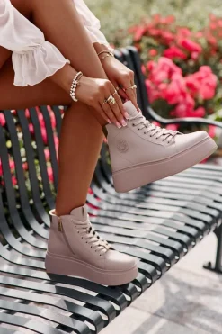 Wysokie Skórzane Sneakersy Damskie Na Platformie Vinceza 66707 Beżowe