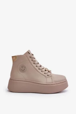 Wysokie Skórzane Sneakersy Damskie Na Platformie Vinceza 66707 Beżowe