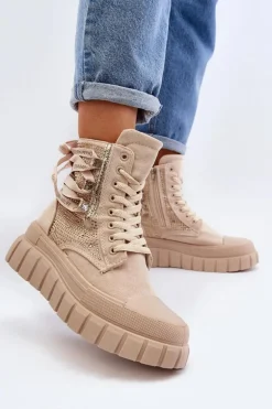 Wysokie Trampki Damskie Na Masywnej Platformie Beżowe Wonise