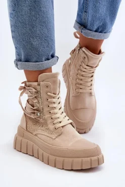 Wysokie Trampki Damskie Na Masywnej Platformie Beżowe Wonise