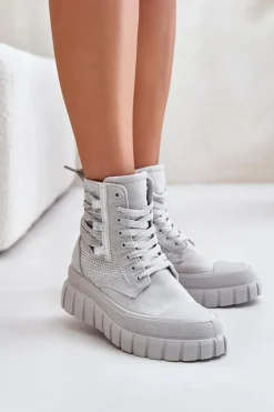 Wysokie Trampki Damskie Na Masywnej Platformie Ze Zdobieniem Szare Zaidria