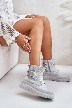 Wysokie Trampki Damskie Na Masywnej Platformie Ze Zdobieniem Szare Zaidria