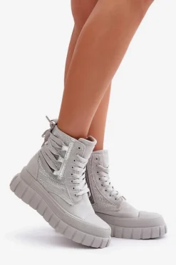 Wysokie Trampki Damskie Na Masywnej Platformie Ze Zdobieniem Szare Zaidria