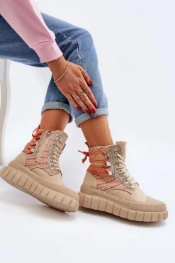 Wysokie Trampki Damskie Na Masywnej Platformie Beżowe Kernia