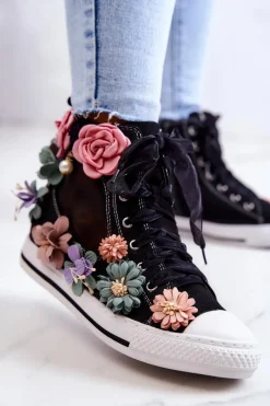 Wysokie Trampki Z Kwiatami Czarne Sellin