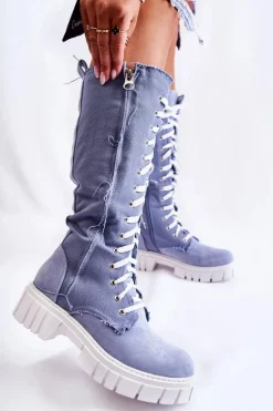 Wysokie Wiązane Kozaki Trapery Niebieskie Kayra