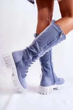 Wysokie Wiązane Kozaki Trapery Niebieskie Kayra