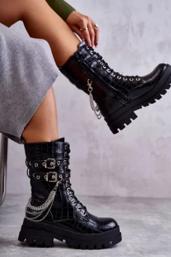 Wysokie Workery Botki Z Łańcuchem Wężowe Czarne Montero