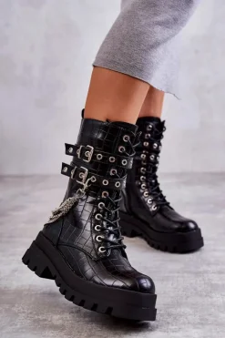 Wysokie Workery Botki Z Łańcuchem Wężowe Czarne Montero