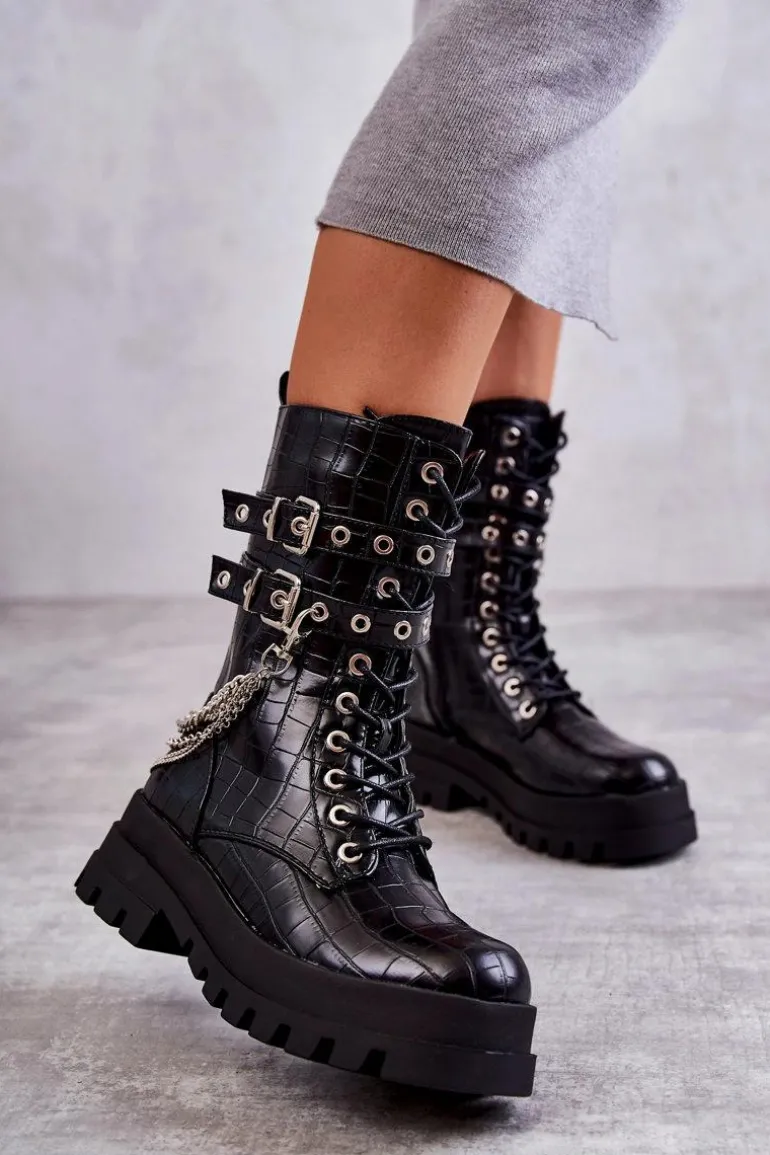 Wysokie Workery Botki Z Łańcuchem Wężowe Czarne Montero