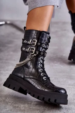 Wysokie Workery Botki Z Łańcuchem Wężowe Czarne Montero