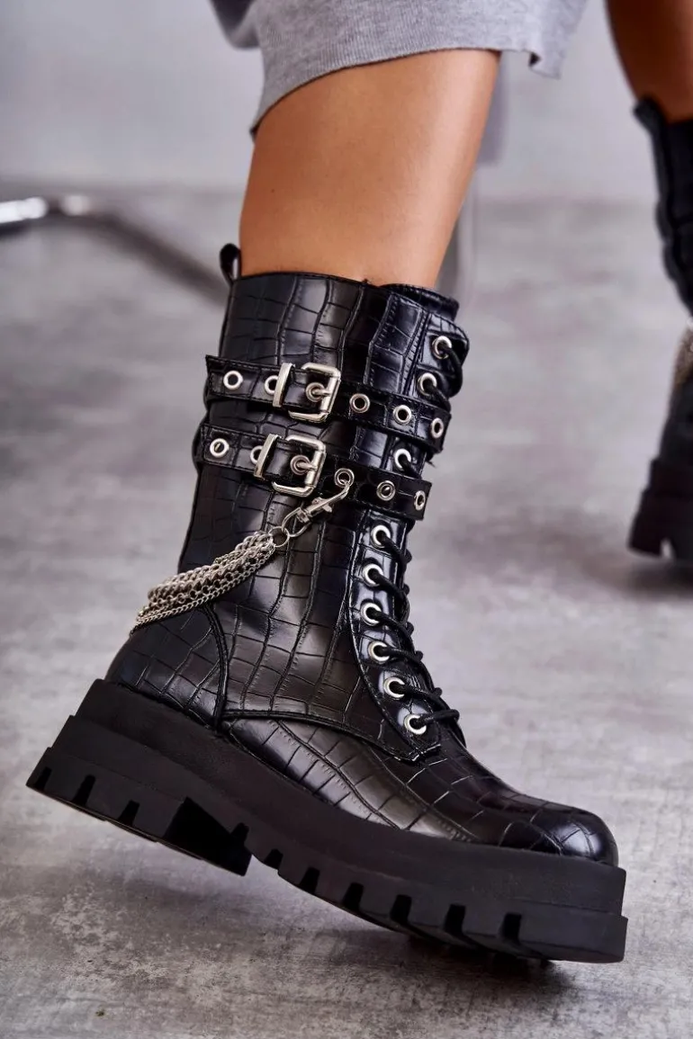 Wysokie Workery Botki Z Łańcuchem Wężowe Czarne Montero