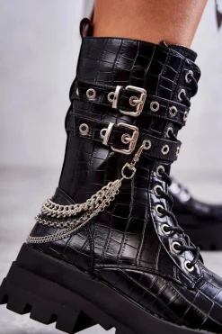 Wysokie Workery Botki Z Łańcuchem Wężowe Czarne Montero