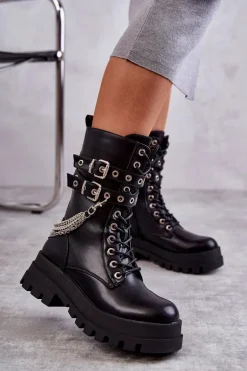Wysokie Workery Botki Z Łańcuchem Czarne Montero