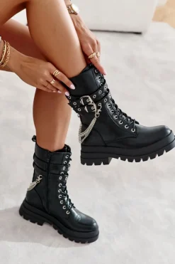 Wysokie Workery Botki Z Łańcuchem Czarne Montero