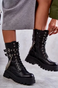 Wysokie Workery Botki Z Łańcuchem Czarne Montero