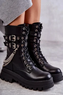 Wysokie Workery Botki Z Łańcuchem Czarne Montero