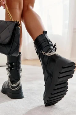 Wysokie Workery Botki Z Łańcuchem Czarne Montero