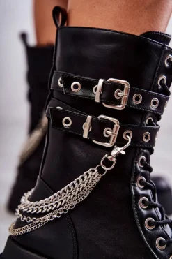 Wysokie Workery Botki Z Łańcuchem Czarne Montero