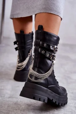 Wysokie Workery Botki Z Łańcuchem Czarne Montero