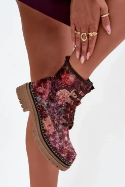 Wzorzyste Botki Damskie Ocieplane Artiker 57C1055 Bordowe