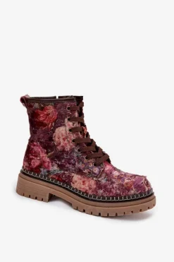 Wzorzyste Botki Damskie Ocieplane Artiker 57C1055 Bordowe
