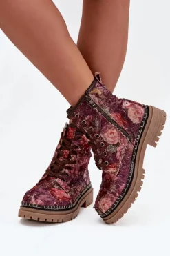 Wzorzyste Botki Damskie Ocieplane Artiker 57C1055 Bordowe