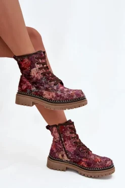 Wzorzyste Botki Damskie Ocieplane Artiker 57C1055 Bordowe