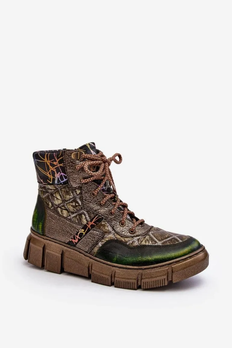 Wzorzyste Botki Damskie Skórzane Maciejka 06145-24 Oliwkowe