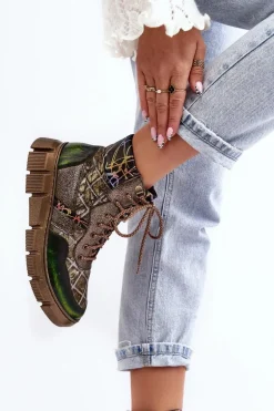 Wzorzyste Botki Damskie Skórzane Maciejka 06145-24 Oliwkowe