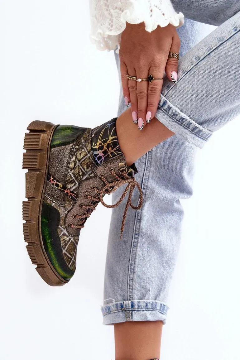 Wzorzyste Botki Damskie Skórzane Maciejka 06145-24 Oliwkowe