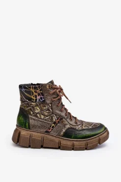 Wzorzyste Botki Damskie Skórzane Maciejka 06145-24 Oliwkowe