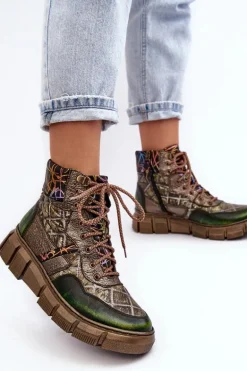 Wzorzyste Botki Damskie Skórzane Maciejka 06145-24 Oliwkowe