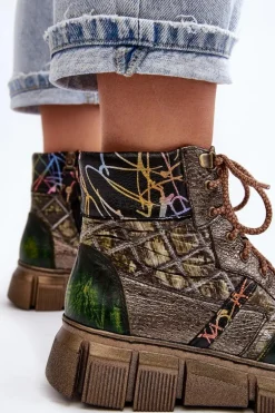 Wzorzyste Botki Damskie Skórzane Maciejka 06145-24 Oliwkowe