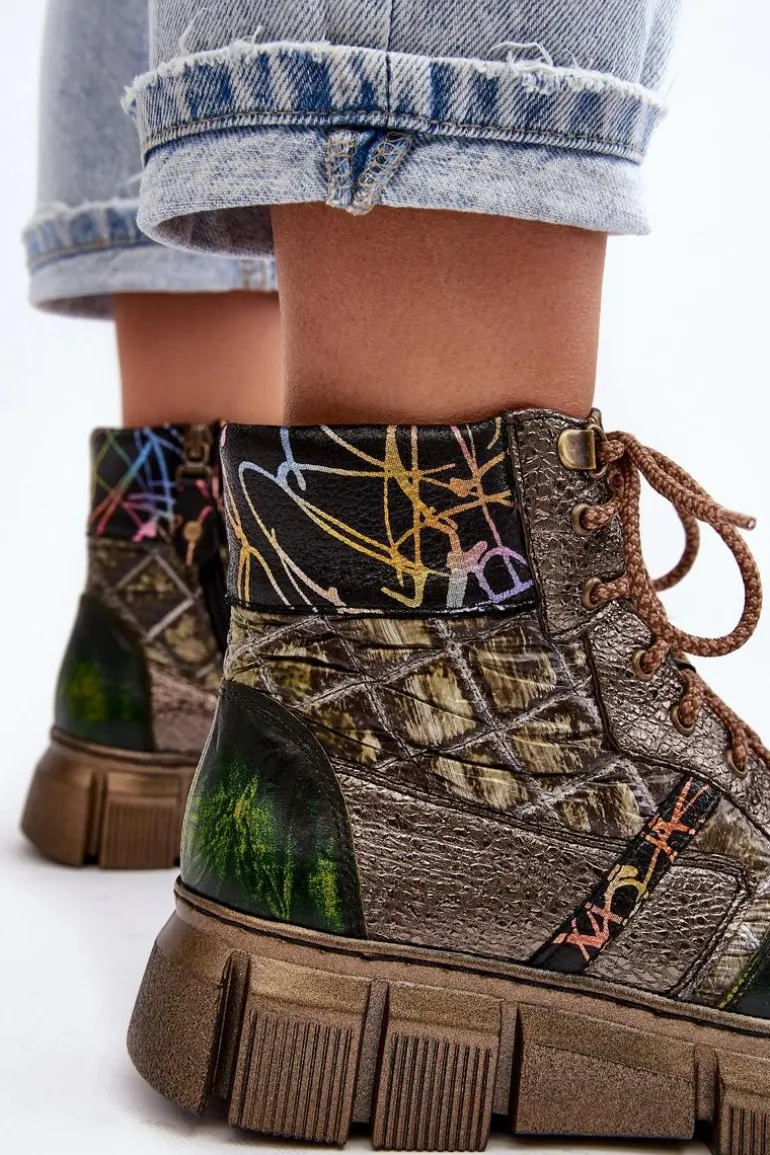 Wzorzyste Botki Damskie Skórzane Maciejka 06145-24 Oliwkowe