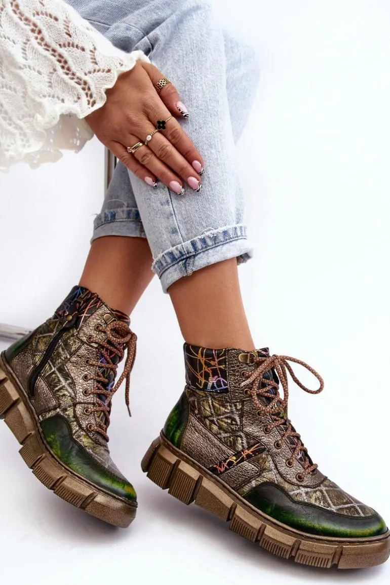 Wzorzyste Botki Damskie Skórzane Maciejka 06145-24 Oliwkowe