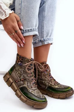 Wzorzyste Botki Damskie Skórzane Maciejka 06145-24 Oliwkowe