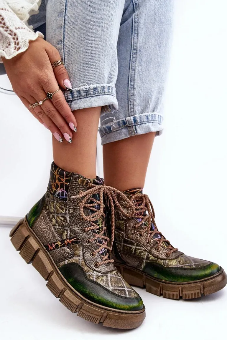 Wzorzyste Botki Damskie Skórzane Maciejka 06145-24 Oliwkowe