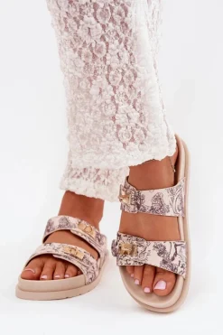 Wzorzyste Klapki Damskie Na Platformie Beżowe Sorina