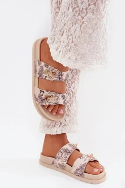 Wzorzyste Klapki Damskie Na Platformie Beżowe Sorina