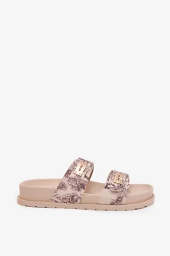 Wzorzyste Klapki Damskie Na Platformie Beżowe Sorina