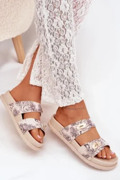 Wzorzyste Klapki Damskie Na Platformie Beżowe Sorina