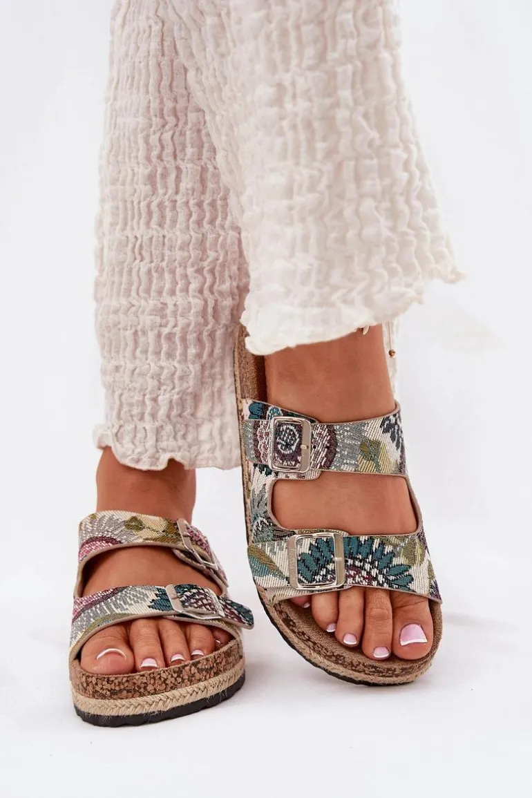 Wzorzyste Klapki Damskie Na Korkowej Platformie Z Klamrami Lee Cooper LCW-25-35-3483L Multikolor