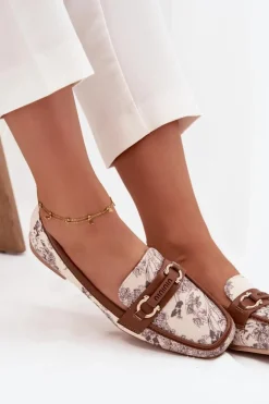 Wzorzyste Mokasyny Loafersy Damskie Z Ozdobnym Elementem Beżowo-Brązowe Evelora