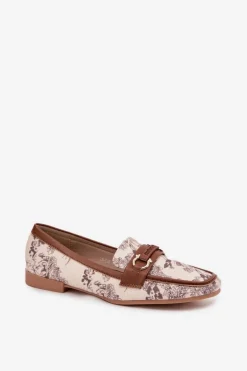 Wzorzyste Mokasyny Loafersy Damskie Z Ozdobnym Elementem Beżowo-Brązowe Evelora