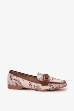 Wzorzyste Mokasyny Loafersy Damskie Z Ozdobnym Elementem Beżowo-Brązowe Evelora