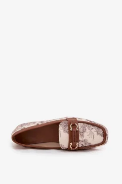 Wzorzyste Mokasyny Loafersy Damskie Z Ozdobnym Elementem Beżowo-Brązowe Evelora