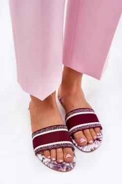 Wzorzyste Płaskie Klapki Damskie Bordowe Leysi