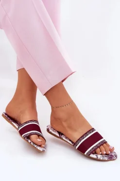 Wzorzyste Płaskie Klapki Damskie Bordowe Leysi